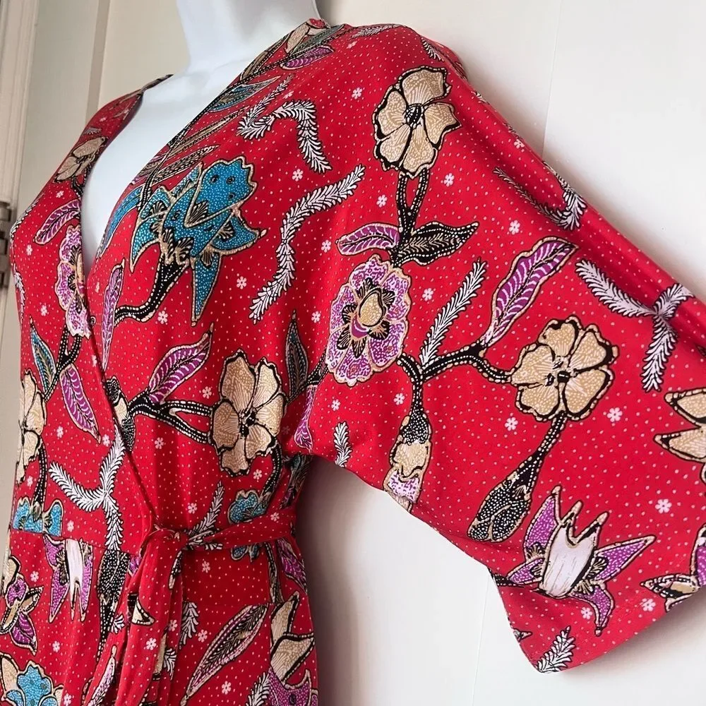 Veronica M Red Floral Wrap Midi Dress Sz XS